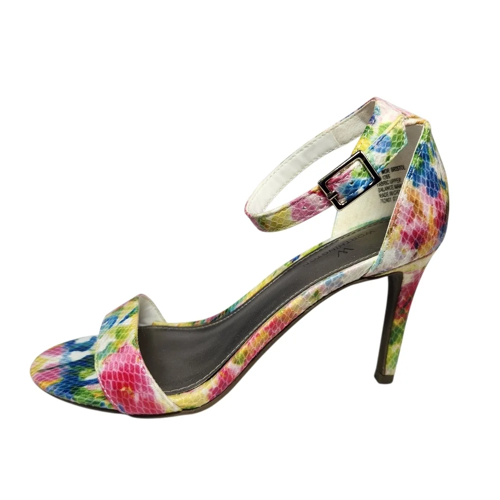Worthington Bristol Ankle Strap Sandals Heels Rainbow Multi Faux Snakeskin Sz 6